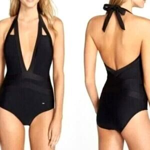 TED BAKER LONDON NWT Women 12 Black Deep Plunge Halter Padded One Piece Swimsuit